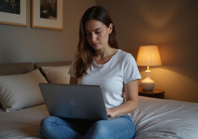 Een vrouw in de twintig werkt geconcentreerd op haar laptop