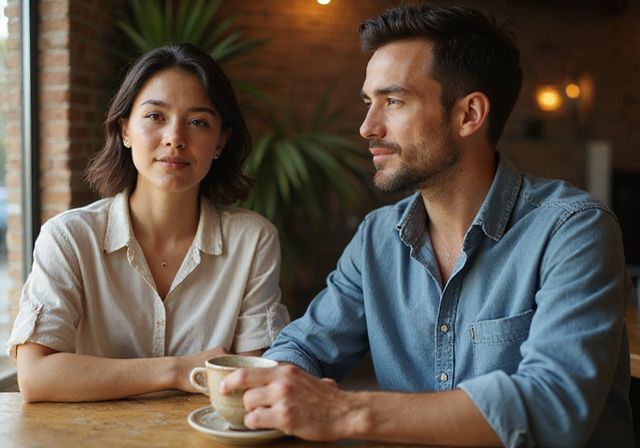 Een vrouw en man hebben een intieme conversatie in een café. Een vrouw en man hebben een intieme conversatie in een café