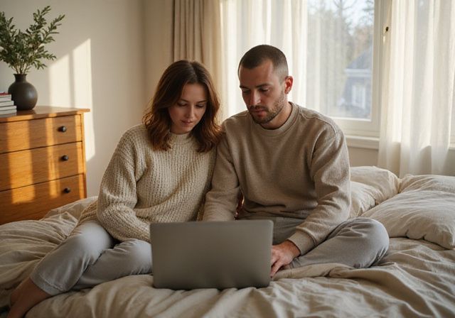Een man en vrouw delen een intiem moment op bed met een laptop