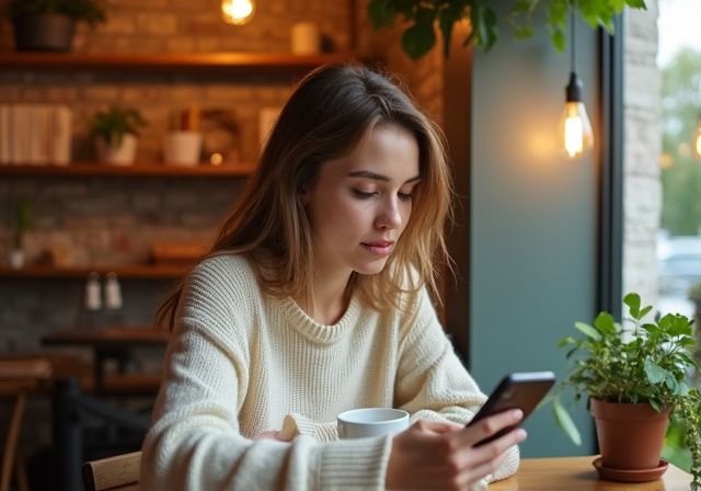Een vrouw in een café, geconcentreerd op haar smartphone. Een vrouw in een café, geconcentreerd op haar smartphone