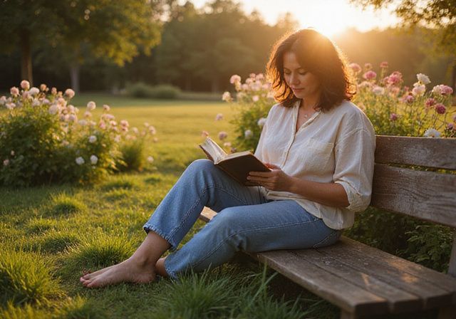 Een vrouw leest op een houten bank in een bloeiende tuin