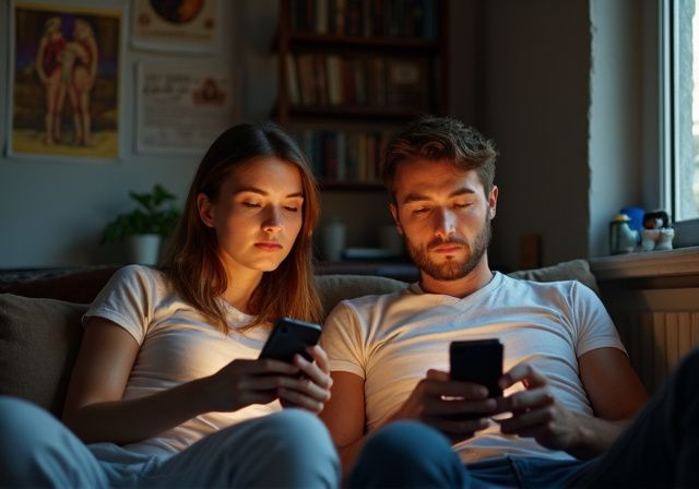 Twee mensen verdiept in hun smartphones op een comfortabele bank. Twee mensen verdiept in hun smartphones op een comfortabele bank