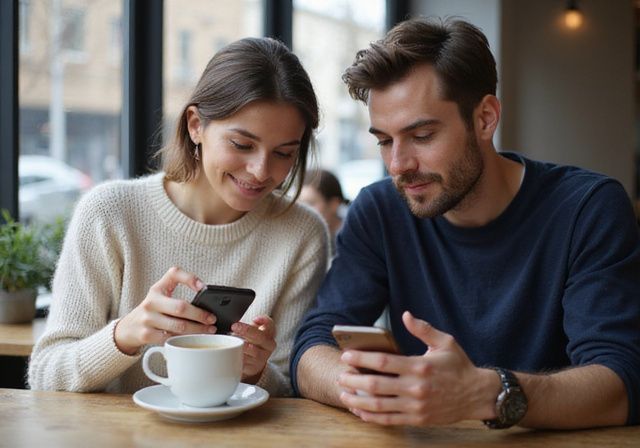 Een man en vrouw bespreken online veiligheid tijdens het daten. Een man en vrouw zoeken Kinky Sexcontact Online
