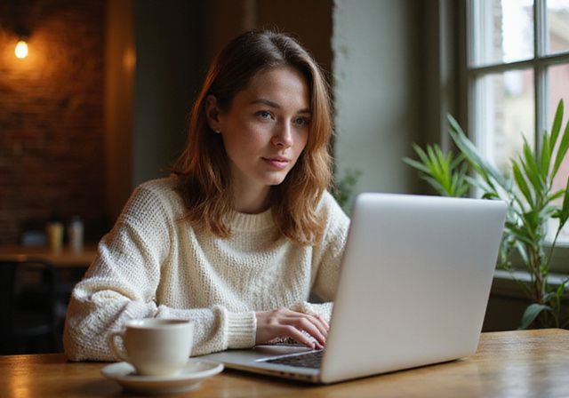 Een jonge vrouw is geconcentreerd op haar laptop in een café