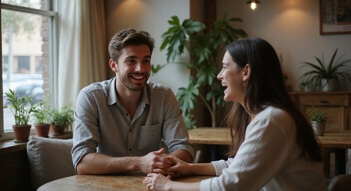 Een jonge man vertelt een grap aan een lachende vrouw. Een jonge man vertelt een grap aan een lachende vrouw