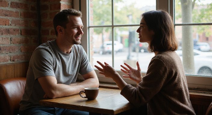 Een man en vrouw voeren een intieme conversatie in een café. Een man en vrouw voeren een intieme conversatie in een café