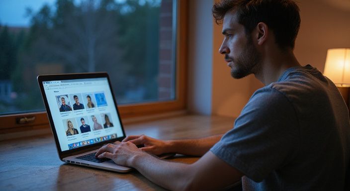 Een man werkt geconcentreerd aan zijn laptop aan een houten bureau