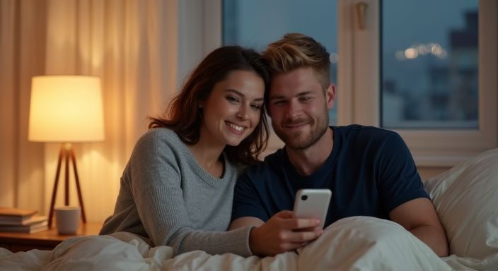 Een vrouw en man flirten op een datingapp in bed