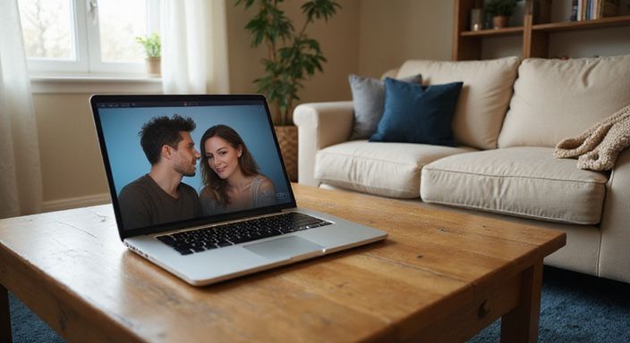 Een gezellige woonkamer met een laptop en flirterige berichtjes