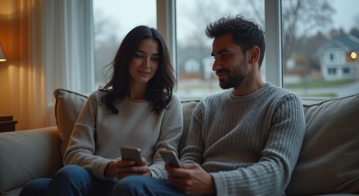 Een man en vrouw zitten samen op een bank, beiden met smartphones