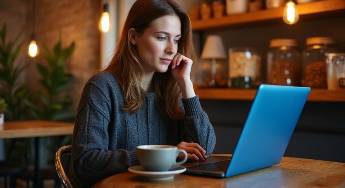 Een vrouw in een café werkt geconcentreerd op haar laptop