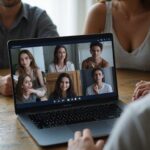 Een groep jongvolwassenen rondom een laptop met streamingplatform