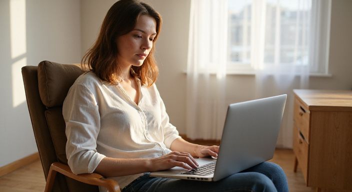 Een vrouw zit geconcentreerd met een laptop in een minimalistische slaapkamer.