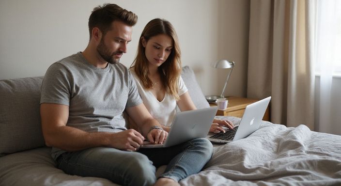 Een stel kijkt samen naar een laptop in hun slaapkamer.