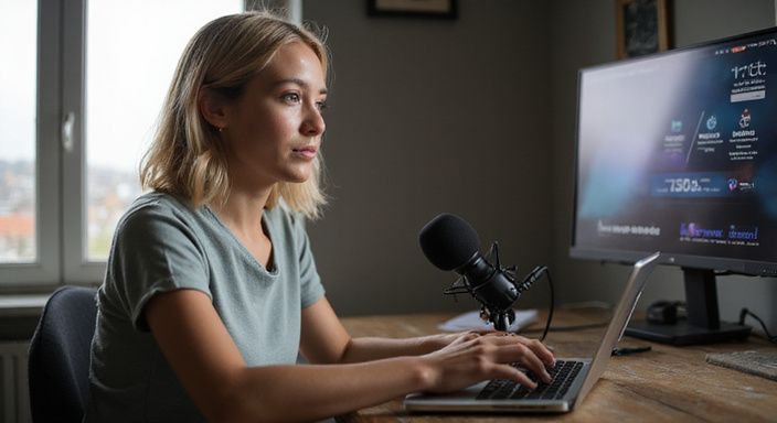 Een vrouw streamt live vanuit een gezellige, eenvoudige kamer.
