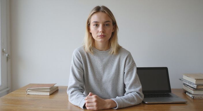 Een jonge vrouw in een georganiseerde thuiswerkplek met focus.
