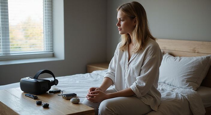 webcamsex blondine: Een jonge vrouw zit ontspannen met VR-headset en interactieve apparaten.