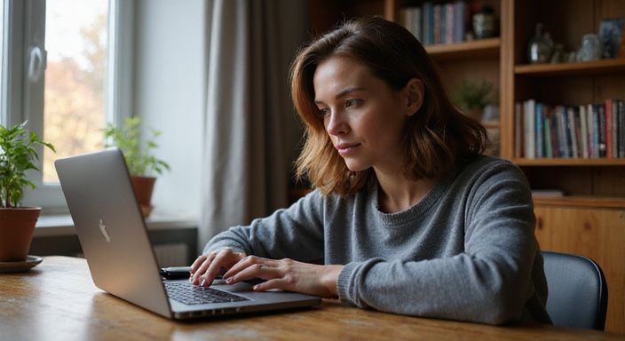 Een vrouw in een grijze trui werkt geconcentreerd aan haar laptop.