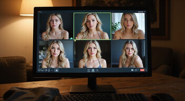 Webcamsex blondine: Een computer met live video-uitzendingen van vrouwelijke performers en chatinterface.