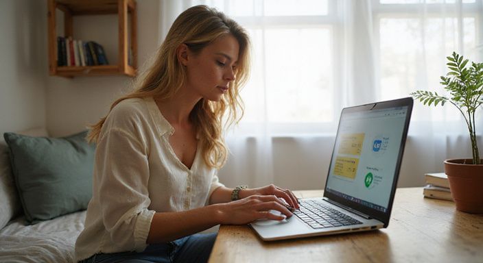 Een vrouw met golvend haar werkt geconcentreerd op haar laptop.