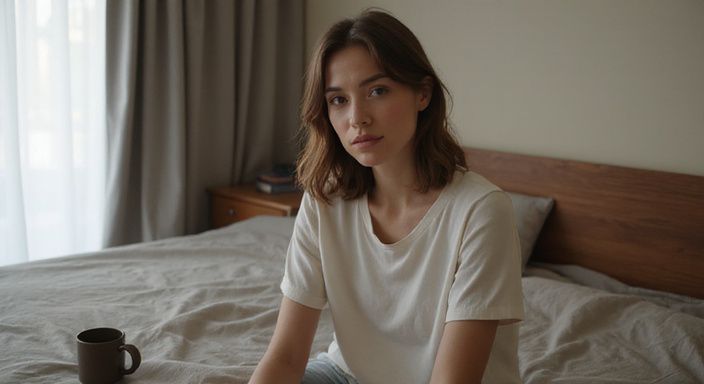Een vrouw zit ontspannen op de rand van een bed.