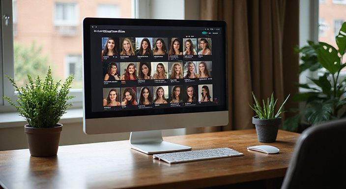 Een computermonitor toont een online platform met verschillende camgirls voor webcamsex brunette.