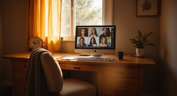 Een uitnodigende slaapkamer met een bureau en een computer voor videochat.