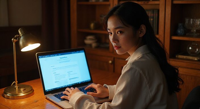 Een jonge vrouw zit geconcentreerd achter haar bureau met een laptop.