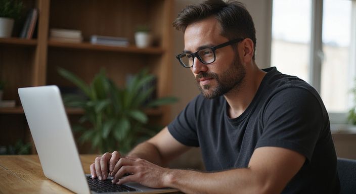 Een man zoekt geconcentreerd op zijn laptop naar webcamsex brunette.
