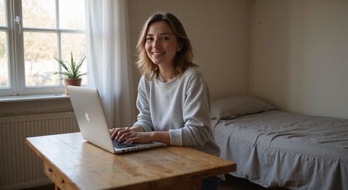 Een jonge vrouw glimlacht terwijl ze achter haar laptop zit.