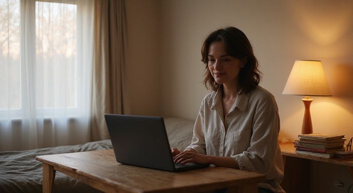 Een bescheiden slaapkamer met een houten bureau en een open laptop.
