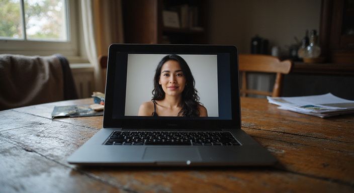 Een vrouw heeft een oprechte webcamchat terwijl ze aan een bureau zit. Een vrouw heeft een oprechte webcamchat terwijl ze aan een bureau zit.