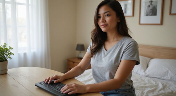 Een vrouw werkt geconcentreerd aan haar bureau in een slaapkamer. Een vrouw zoekt naar webcamsex met een latina.