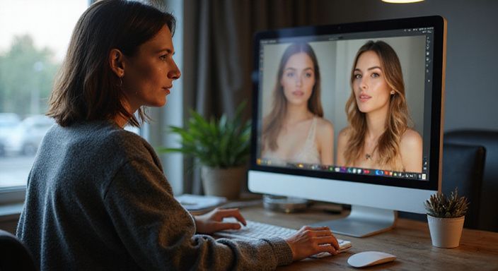 Een vrouw in een trui kijkt geconcentreerd naar een computerscherm. Een vrouw in een trui kijkt geconcentreerd naar een computerscherm.