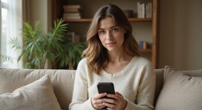 Een vrouw zit ontspannen met een smartphone in een sfeervolle woonkamer. Een vrouw zit ontspannen met een smartphone in een sfeervolle woonkamer.