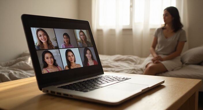 Een laptop toont diverse webcammodellen in een rustige slaapkamer. Een laptop toont diverse webcammodellen voor webcamsex met een latina in een rustige slaapkamer.