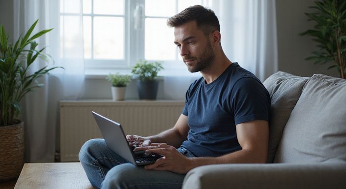 Een man zit ontspannen op een bank en gebruikt een laptop. Een man zit ontspannen op een bank en gebruikt een laptop voor webcamsex met een latina.