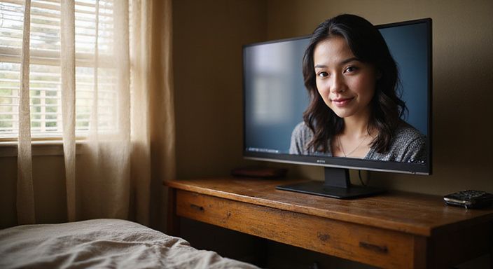 Een vrouw in een slaapkamer gerelateerd aan een privéchat. Een vrouw in een slaapkamer gerelateerd aan een privéchat voor webcamsex met een latina.