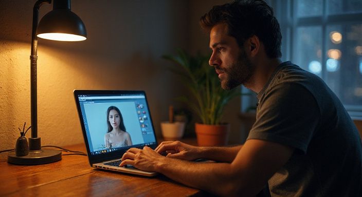 Een man werkt geconcentreerd aan zijn laptop in een rustige kamer.