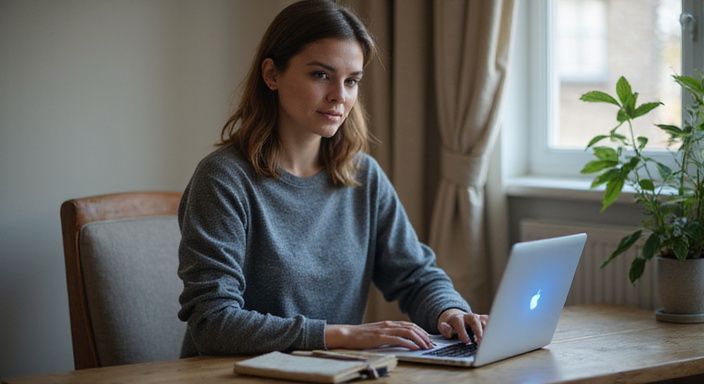 Een vrouw werkt geconcentreerd op haar laptop aan een bureau.