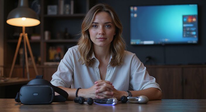 Een vrouw in een moderne livestreamstudio met VR-headset en interactief speelgoed.