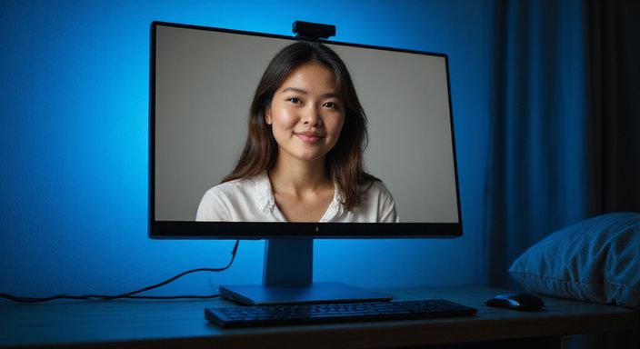 Een jonge vrouw kijkt ontspannen naar de webcam in een slaapkamer.