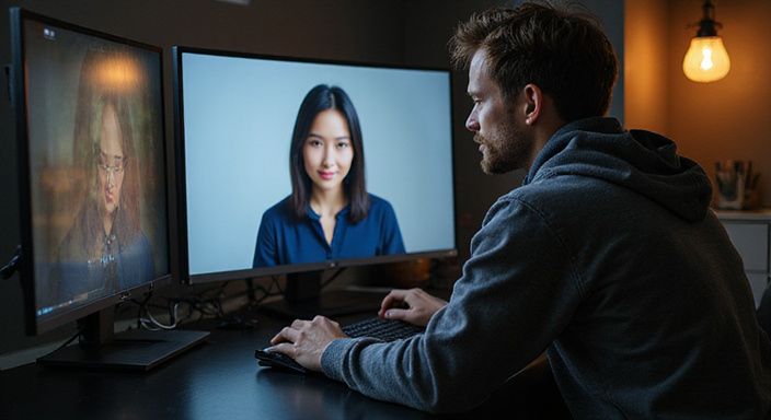 Een jonge man zit geconcentreerd voor een groot curved scherm en zoekt aziatische webcamseks.