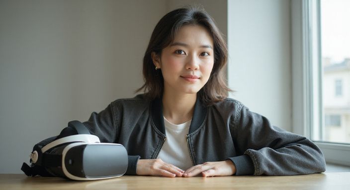 Een persoon in een K-pop outfit, ontspannen voor een minimalistische setup.