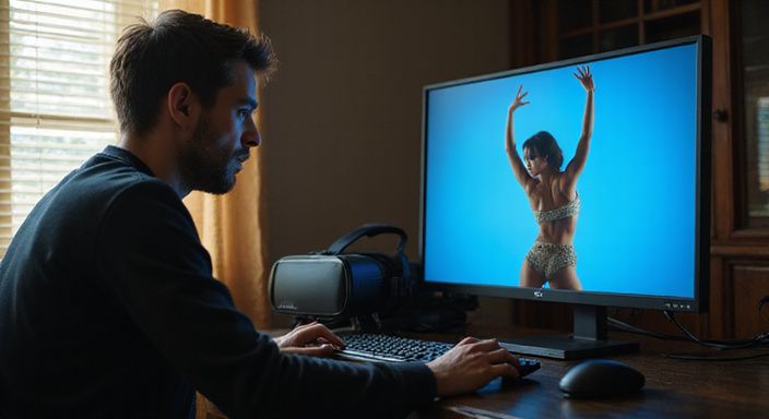 Een man kijkt geconcentreerd naar een dansende vrouw op het scherm.