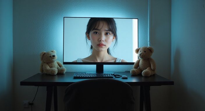 Een vrouw in een kamer met een computer en knuffels.