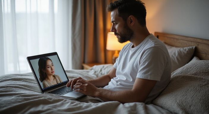 Een man en een vrouw hebben een online gesprek over aziatische webcamseks in een slaapkamer.