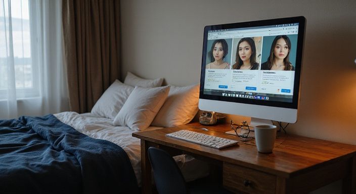 Een slaapkamer met een desktopcomputer en profielen van webcammodellen voor aziatische webcamseks.