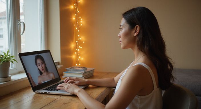 Vrouw aan bureau kijkt geconcentreerd naar laptop met webcamfeed voor aziatische webcamseks.