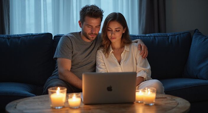 Een stel zit samen op een bank en kijkt naar een laptop.